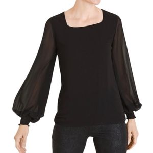 NWT Chico's Square-Neck Georgette Long Sleeve Blouse Black Size 8-10